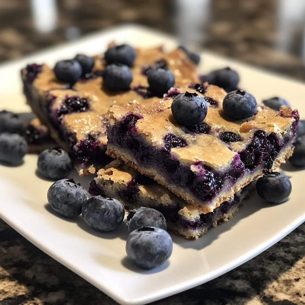 Blondies aux myrtilles fraîchement cuits, présentés sur une assiette en bois.