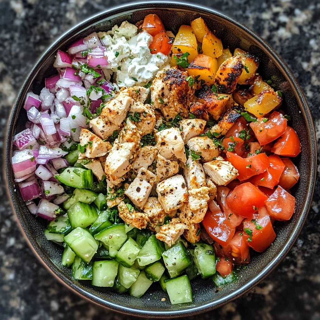 Bol de poulet grec avec légumes frais et sauce tzatziki