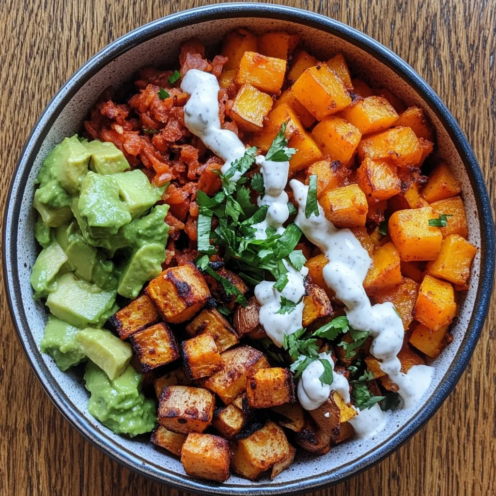 Bol de tacos de patate douce garnis de légumes frais et d'épices