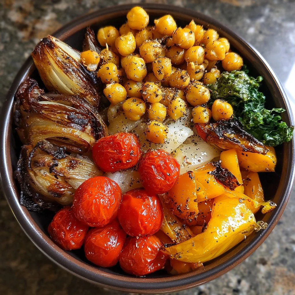 Bol de pois chiches rôtis et légumes colorés pour un repas sain