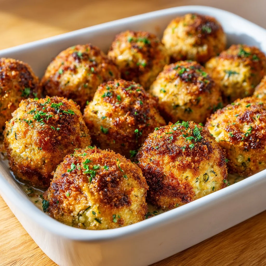 Boulettes de courgettes au four accompagnées d'une sauce délicieuse.