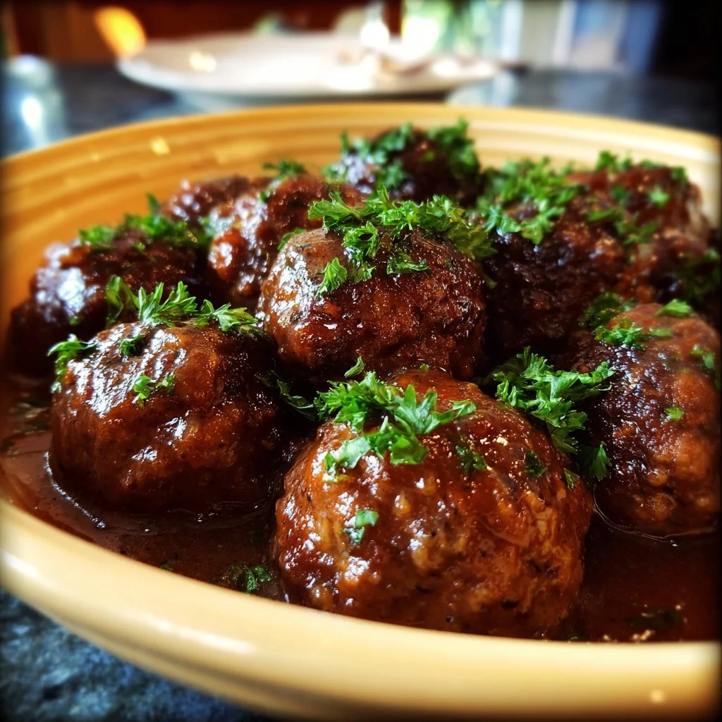 Boulettes de viande Salisbury cuites à la mijoteuse prêtes à être servies.