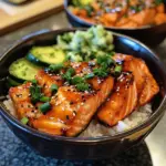 Bowl of sushi with gluten-free teriyaki salmon