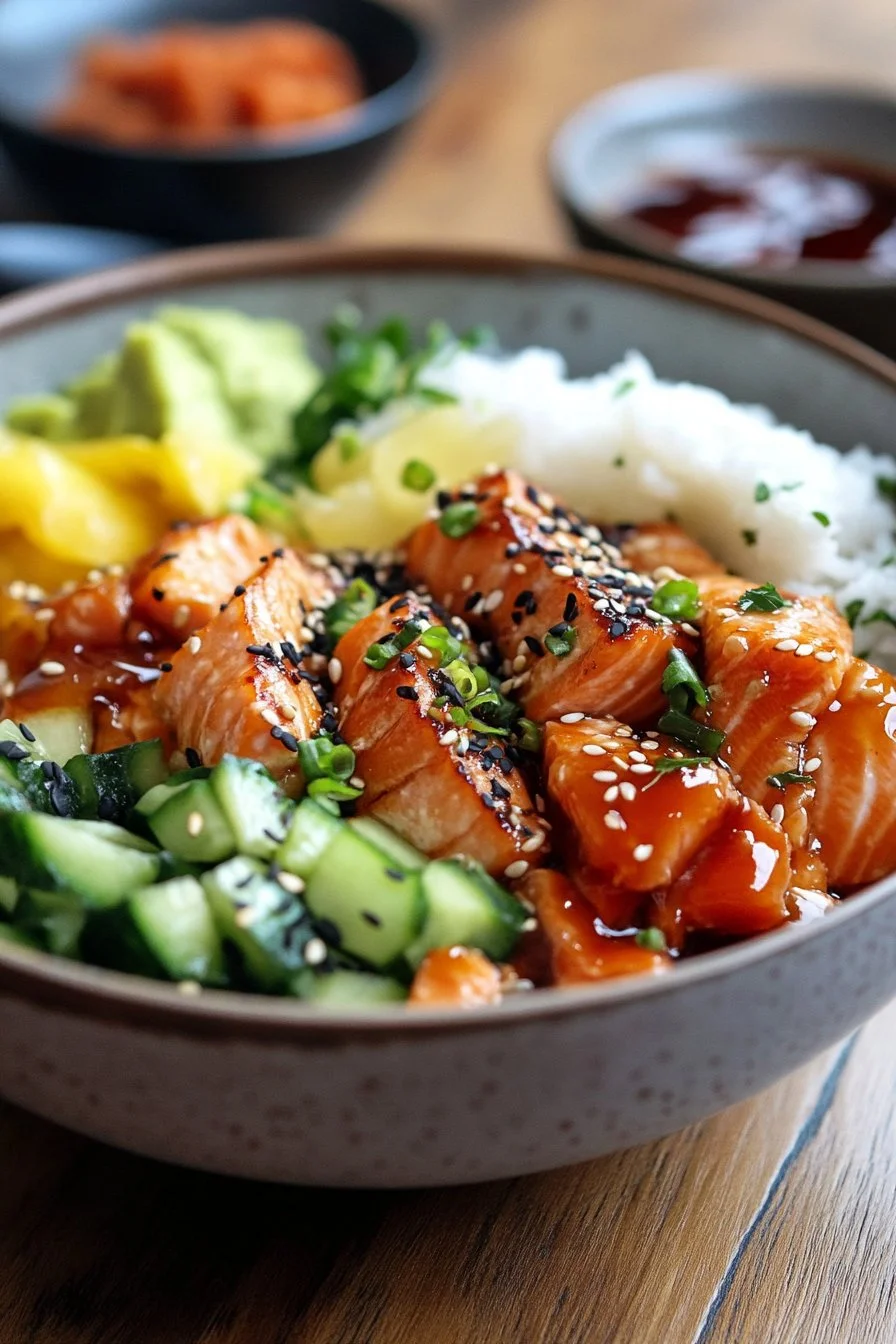 Bowl of sushi with gluten-free teriyaki salmon