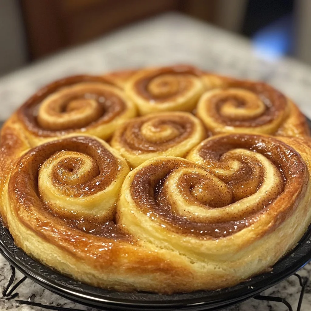 Brioche roulée à la cannelle fraîchement cuite et dorée.