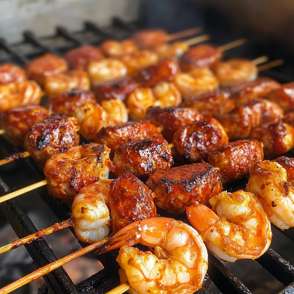 Brochettes au chorizo et aux crevettes prêtes à être servies sur une assiette