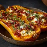 Butternut squash stuffed with lardons and goat cheese