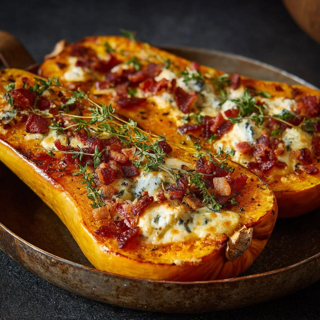 Courge butternut farcie aux lardons et fromage de chèvre, un plat délicieux.