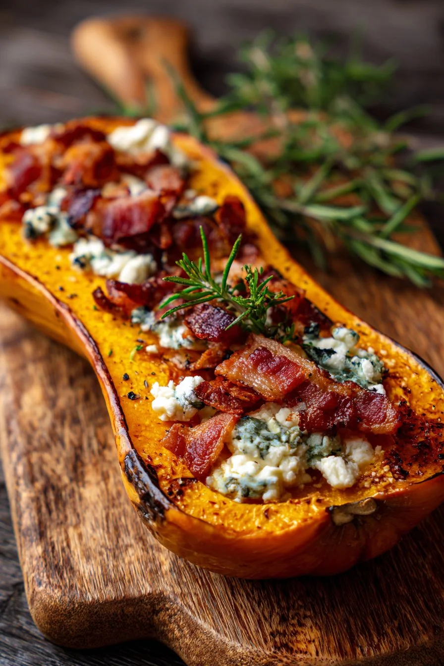Butternut squash stuffed with lardons and goat cheese