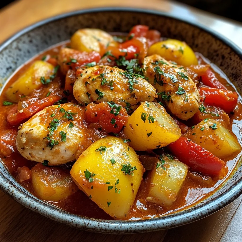 Plat de poulet avec poivrons et pommes de terre dans une sauce tomate