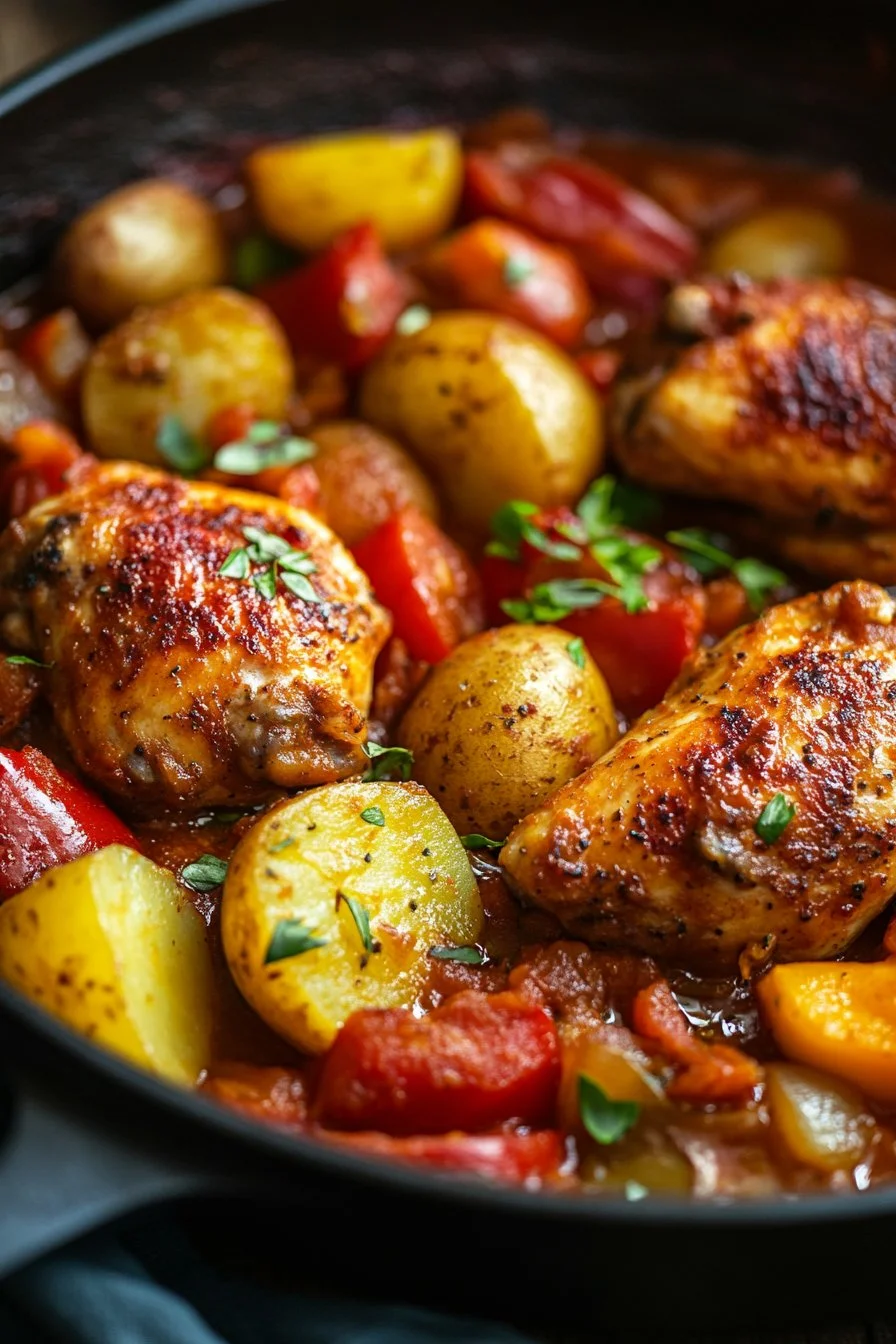 Chicken with peppers and potatoes in tomato sauce