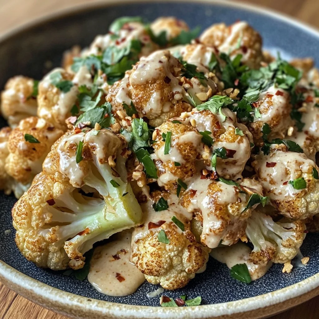 Chou-fleur marocain au tahini et au miel sur une assiette colorée.