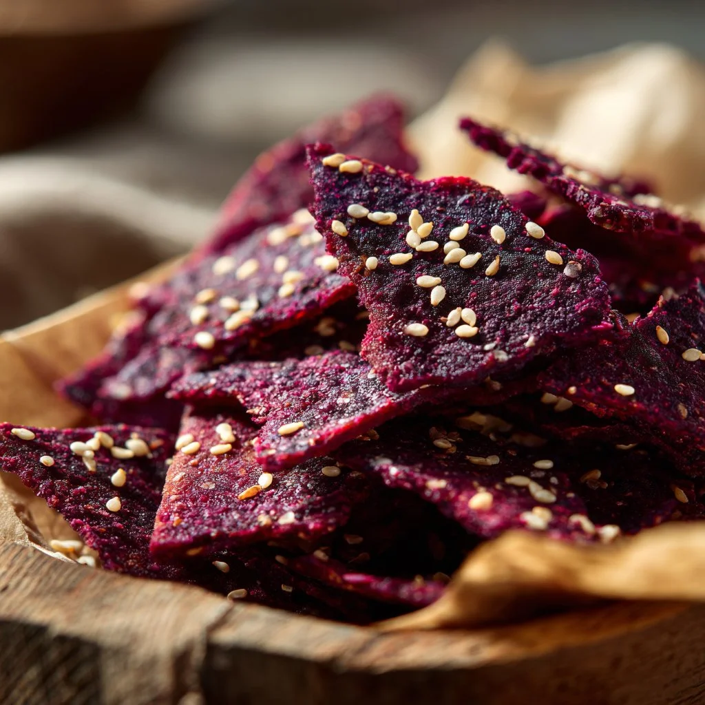 Crackers croustillants à la betterave et au sésame, parfaits pour un apéritif sain.
