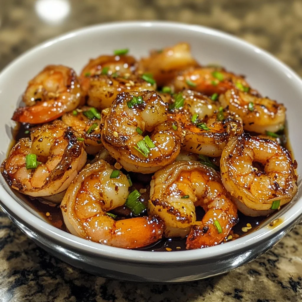 Crevettes au miel et à l'ail protéinées sur une assiette garni de légumes.