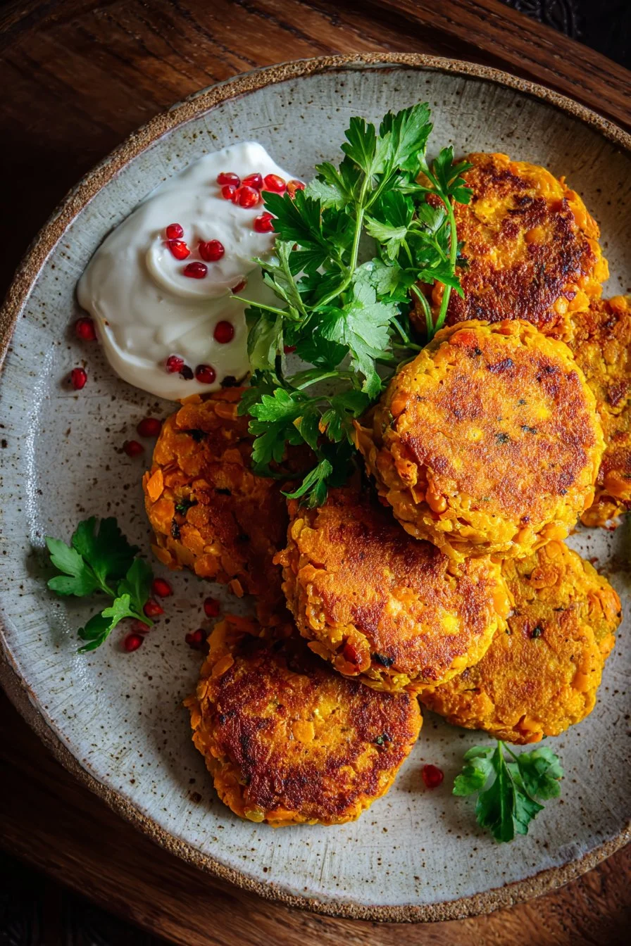 Crispy sweet potato and red lentil patties