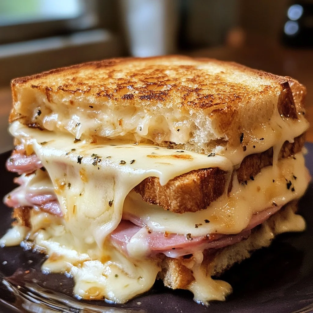 Croque Monsieur garni de jambon et fromage, prêt à être dégusté.