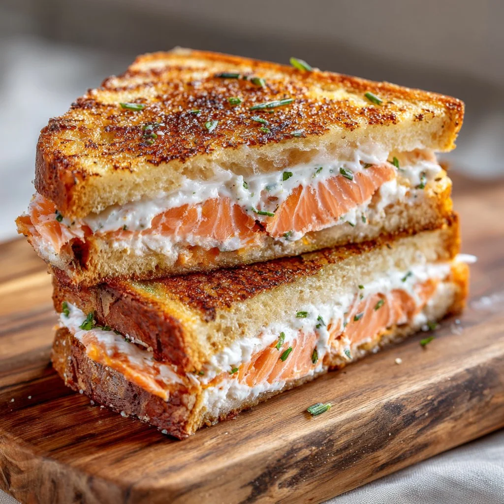 Croque-Monsieur Saumon et Boursin, un sandwich français savoureux et crémeux.