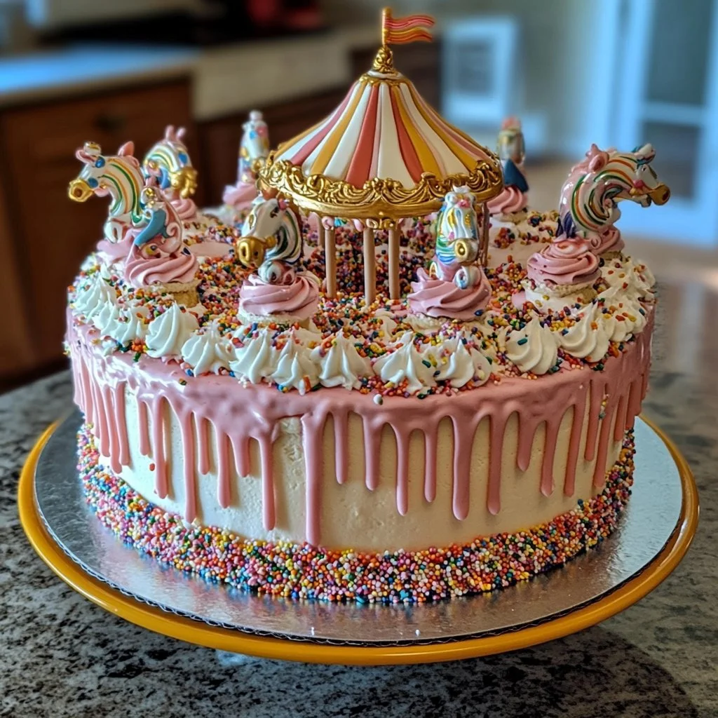 Gâteau d'anniversaire CARROUSEL décoré pour une fête mémorable.