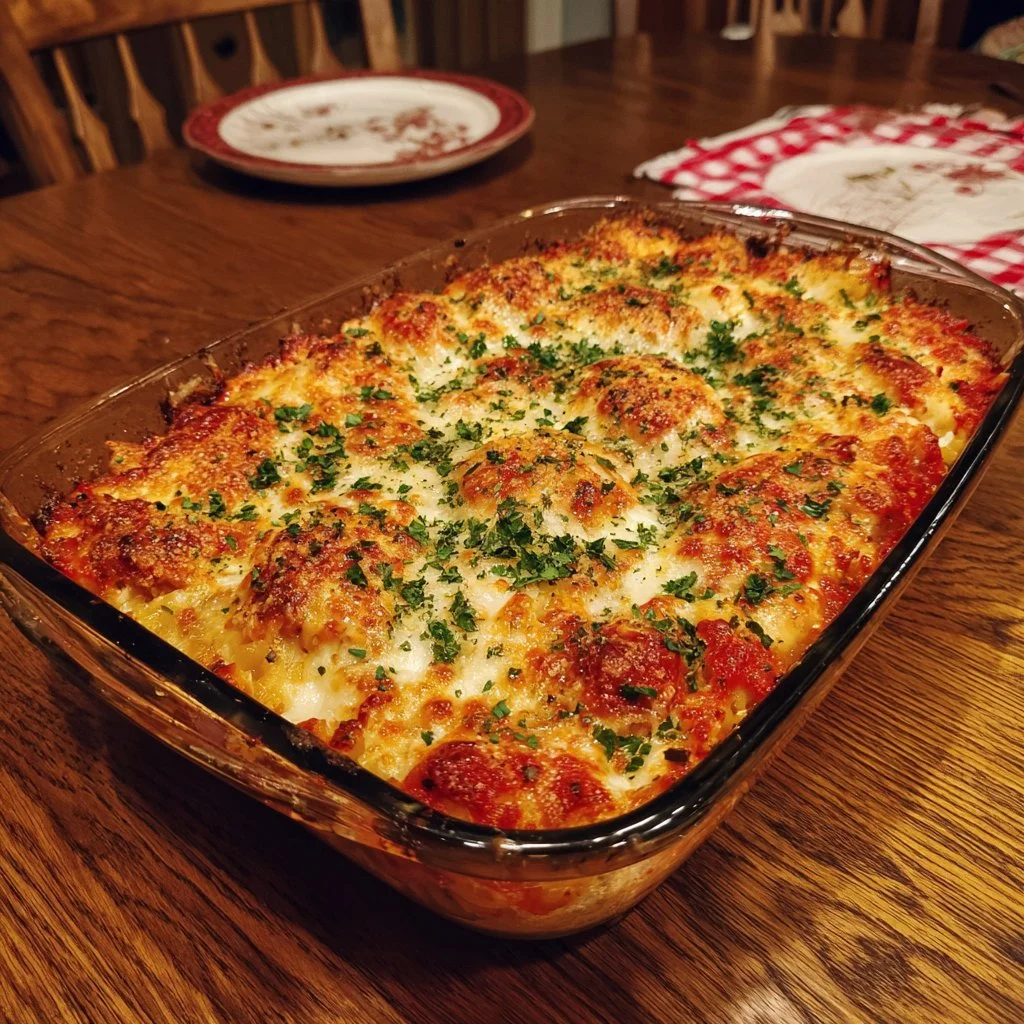 Gâteau de Poulet Parmesan avec une croûte dorée et garniture fromagère