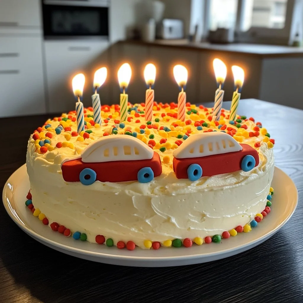 Gâteau voiture décoré pour un anniversaire de 8 ans, idéal pour les fans de voitures.