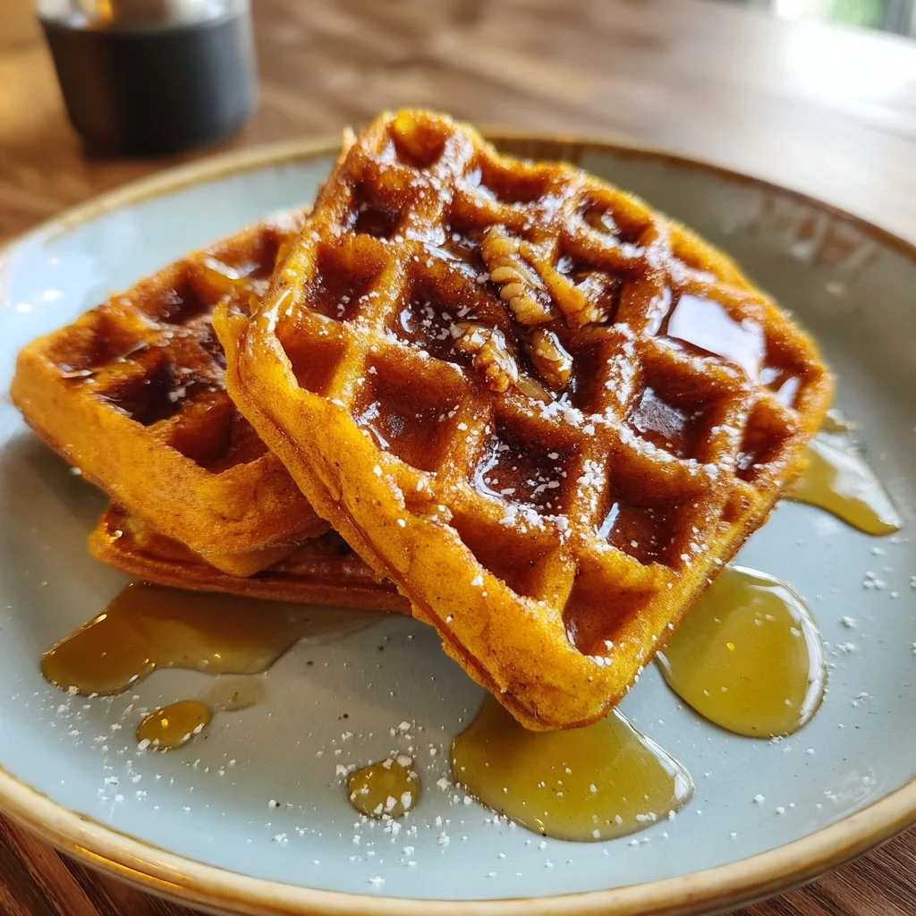 Gaufres de patate douce servies avec un sirop et des fruits