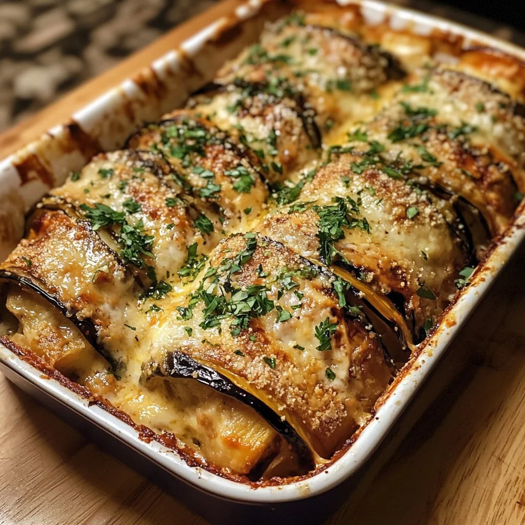 Gratin de rouleaux d'aubergines moelleux sortant du four, prêt à être servi.