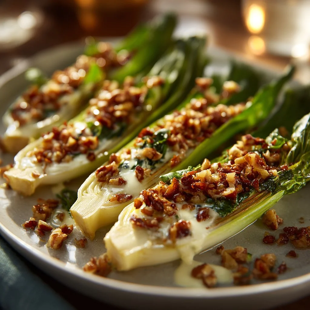 Gratin d'endives au Roquefort et noix, un plat savoureux et réconfortant.