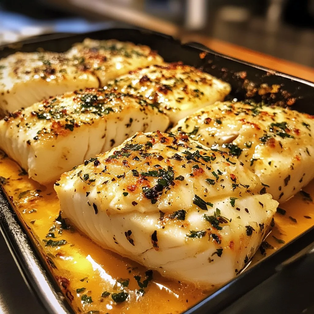 Halibut au four savoureux à l'ail et au parmesan, prêt à être dégusté.