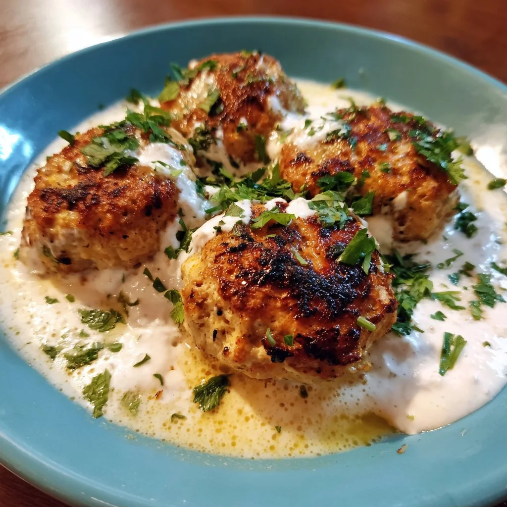 Kofta de poulet avec sauce au yaourt à l'ail crémeux servie dans une assiette