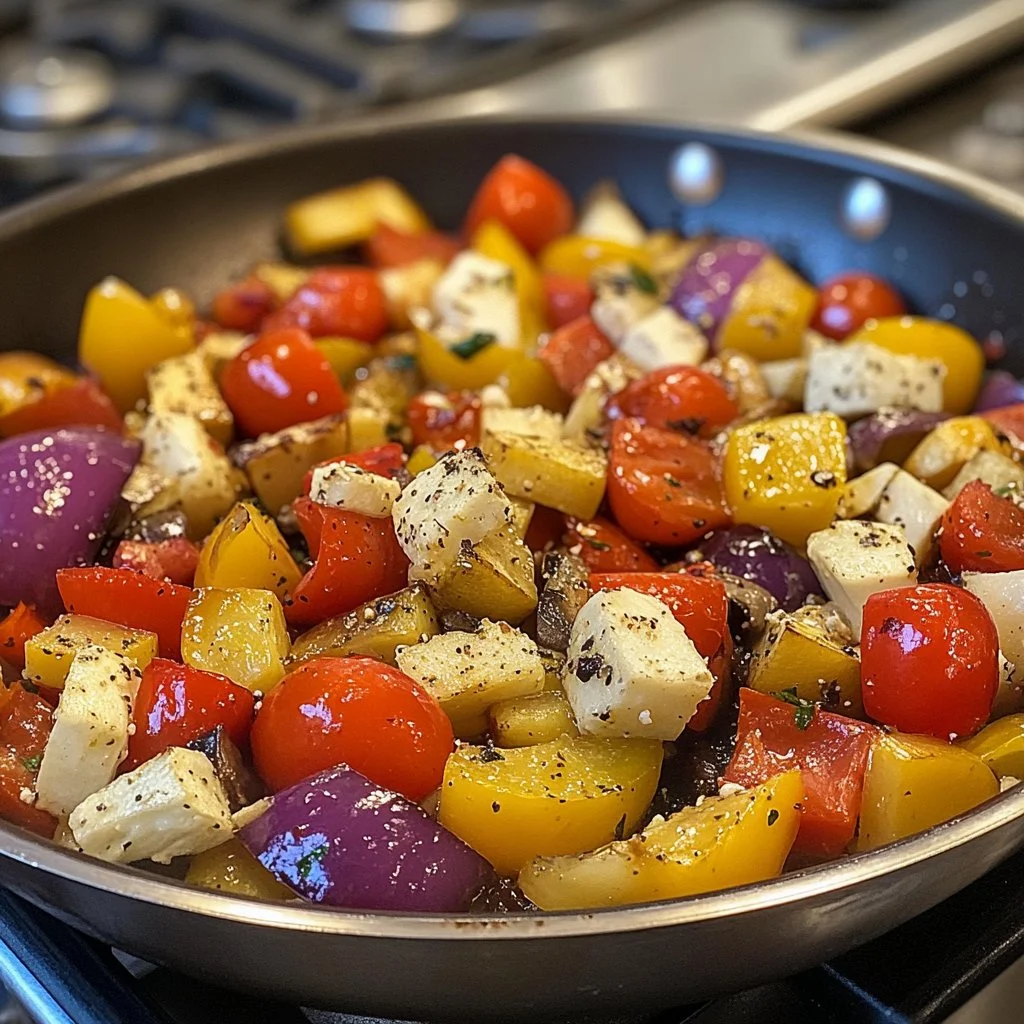 Plat de légumes grecs faciles cuisinés dans une seule poêle