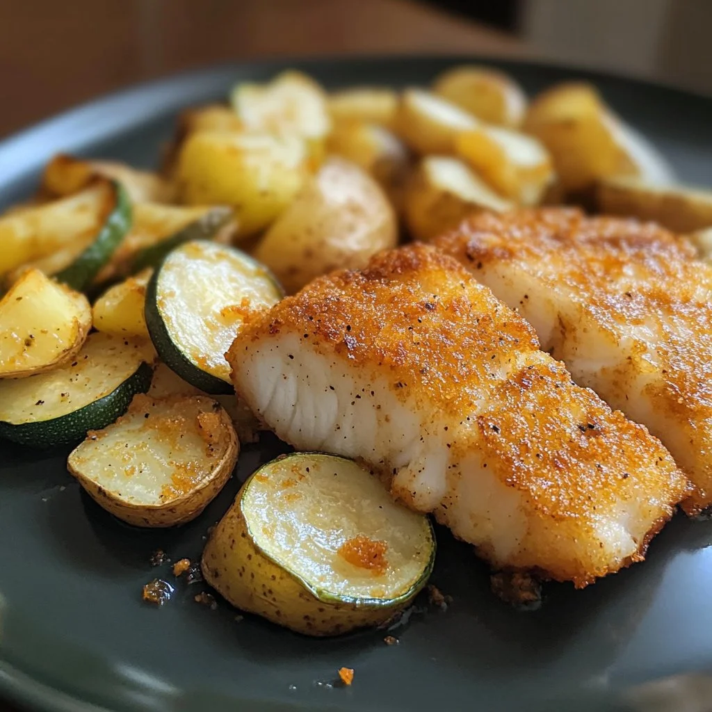 Morue Frite accompagnée de Pommes de Terre au Four et Courgettes Frites