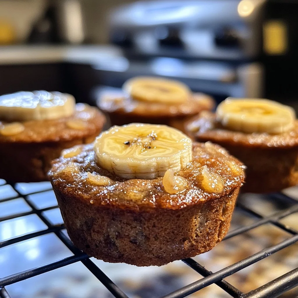 Muffins à la banane protéinés fraîchement cuits sur une table en bois.