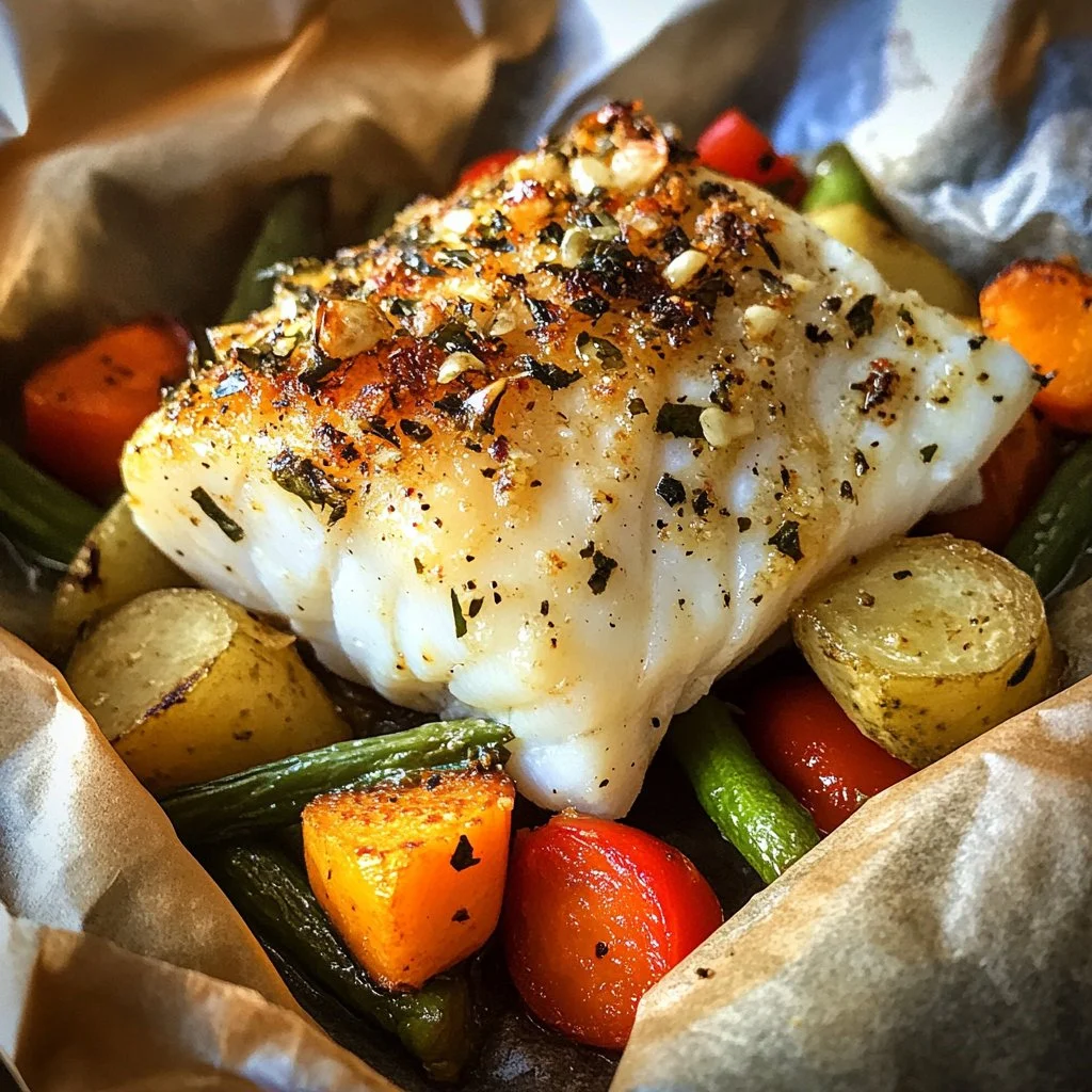 Papillote de cabillaud avec petits légumes en présentation appétissante