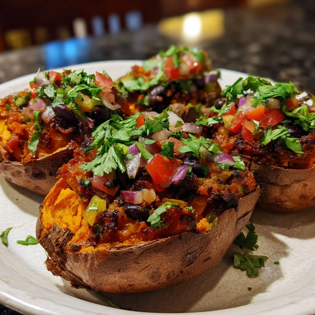 Patates douces farcies aux haricots noirs, plat vegan savoureux et nutritif
