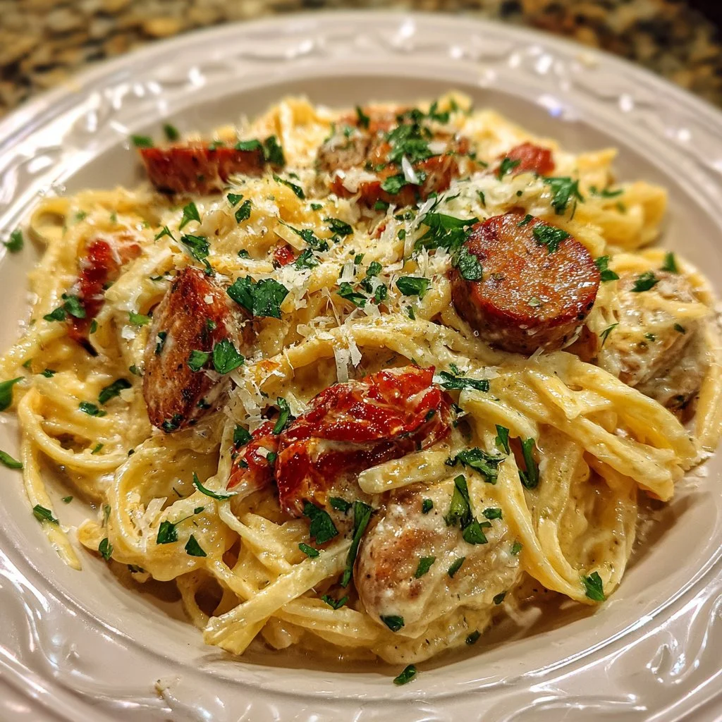 Pâtes Alfredo à la Saucisse Fumée Cajun dans un plat blanc