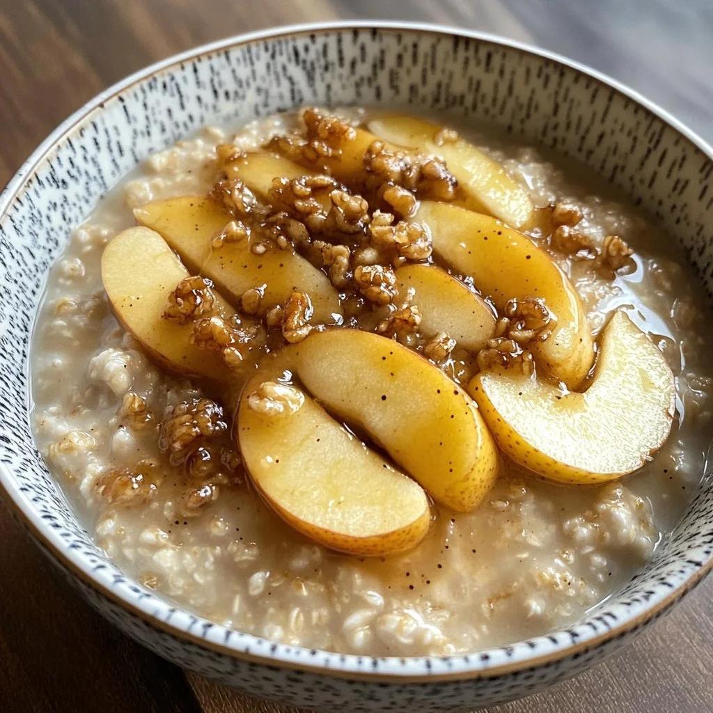 Porridge froid aux pommes caramélisées garni de fruits et noix