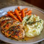 Poulet aux herbes et à l'ail avec purée de pommes de terre et carottes glacées