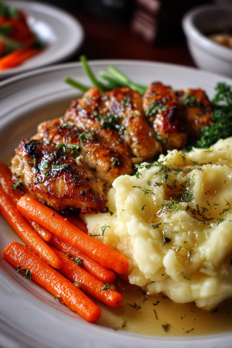 Poulet aux herbes et à l'ail avec purée de pommes de terre et carottes glacées