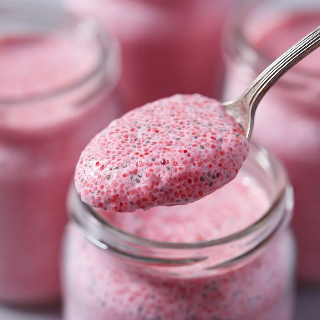 Pudding de framboises et chia sucré au sirop d'érable dans un bol en verre