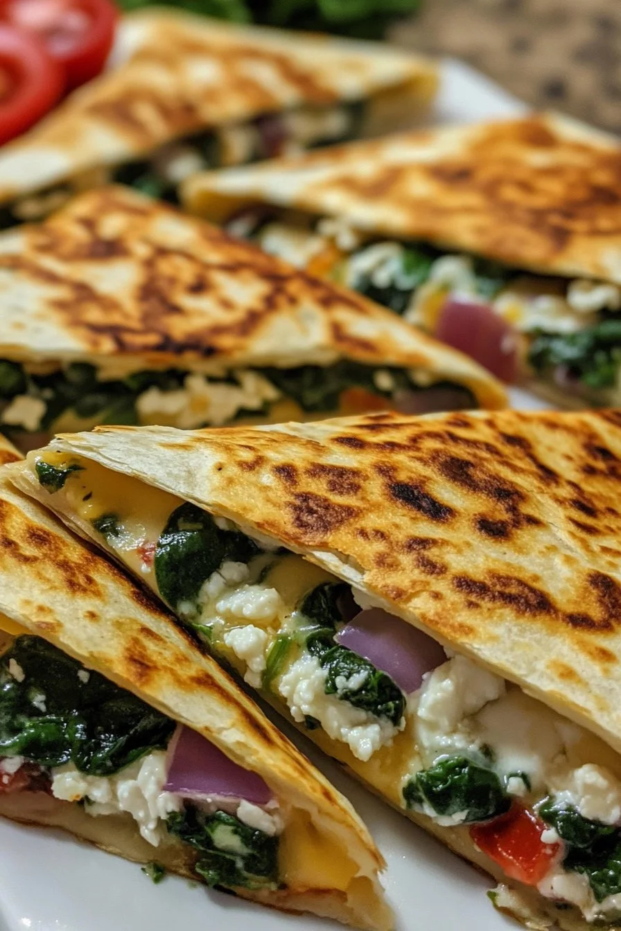 Quesadillas méditerranéennes aux épinards, feta, mozzarella et oignon rouge