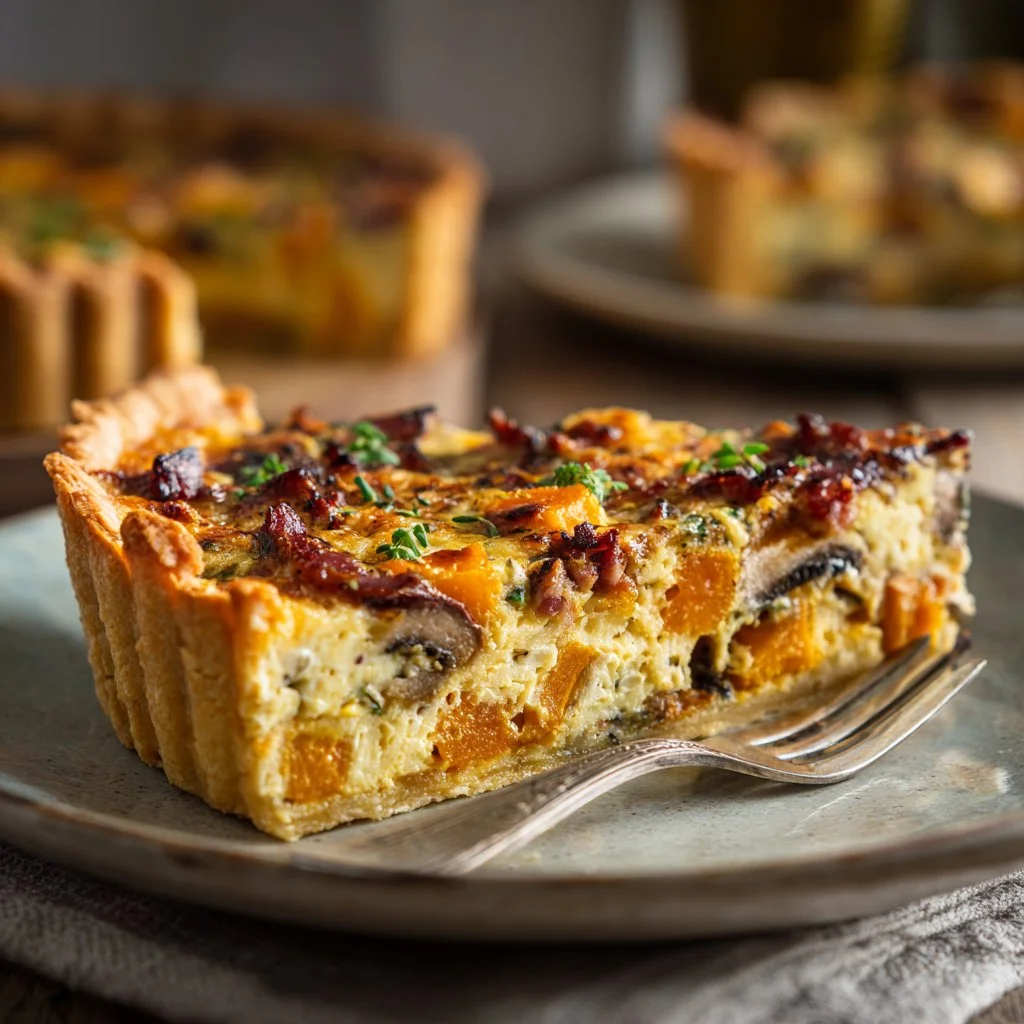 Quiche aux champignons fraîchement cuite et savoureuse