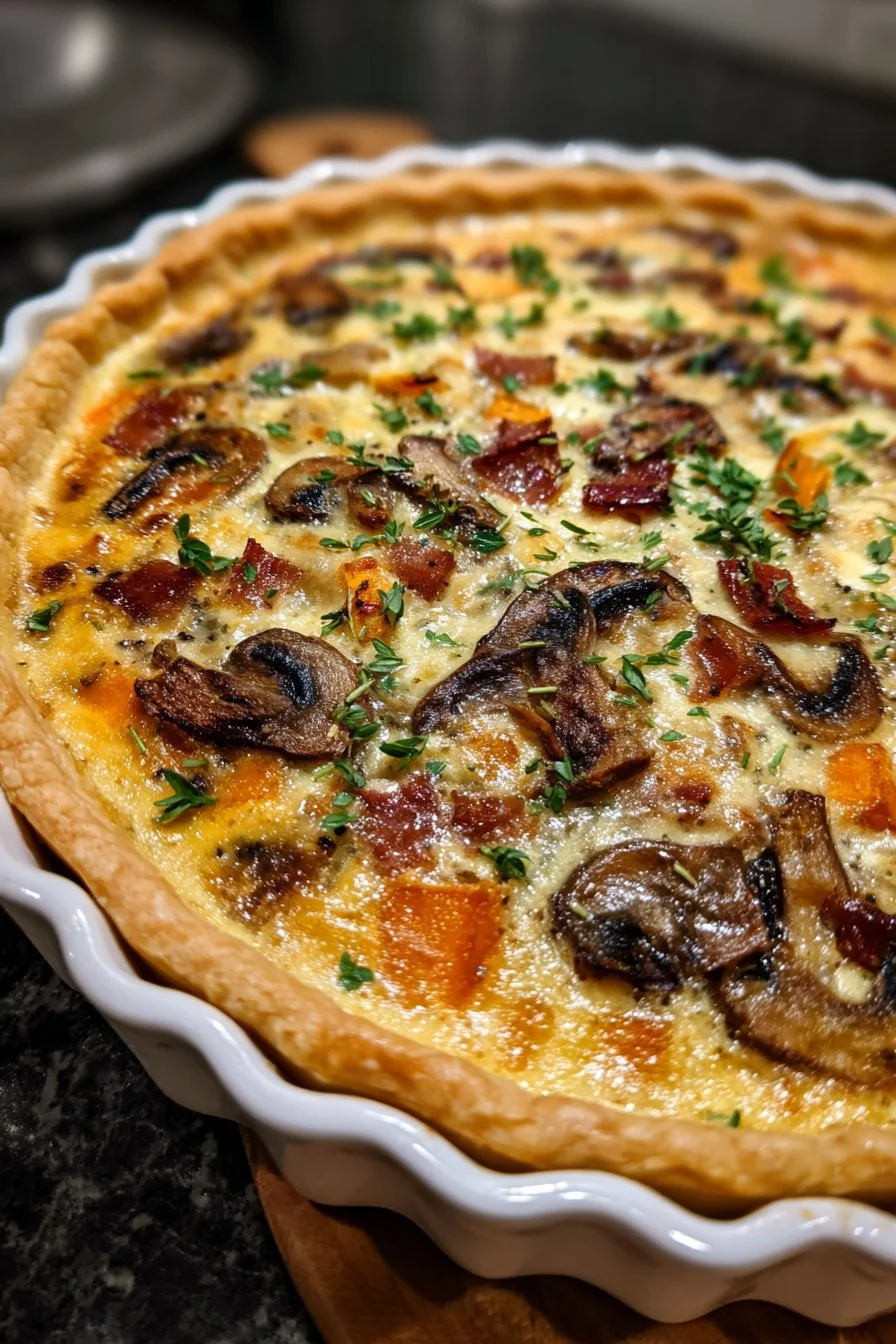 Quiche aux champignons, butternut, lardons et cheddar