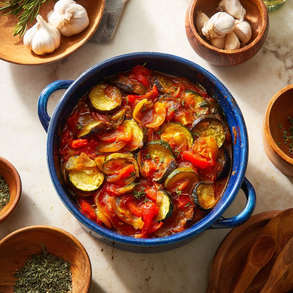 Plat de ratatouille coloré avec des légumes frais dans une casserole.