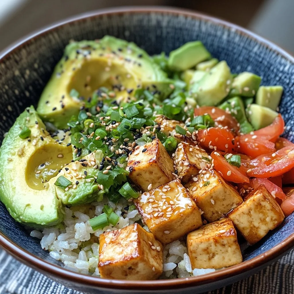 Riz à l'avocat et au tofu, plat végétarien sain et délicieux.
