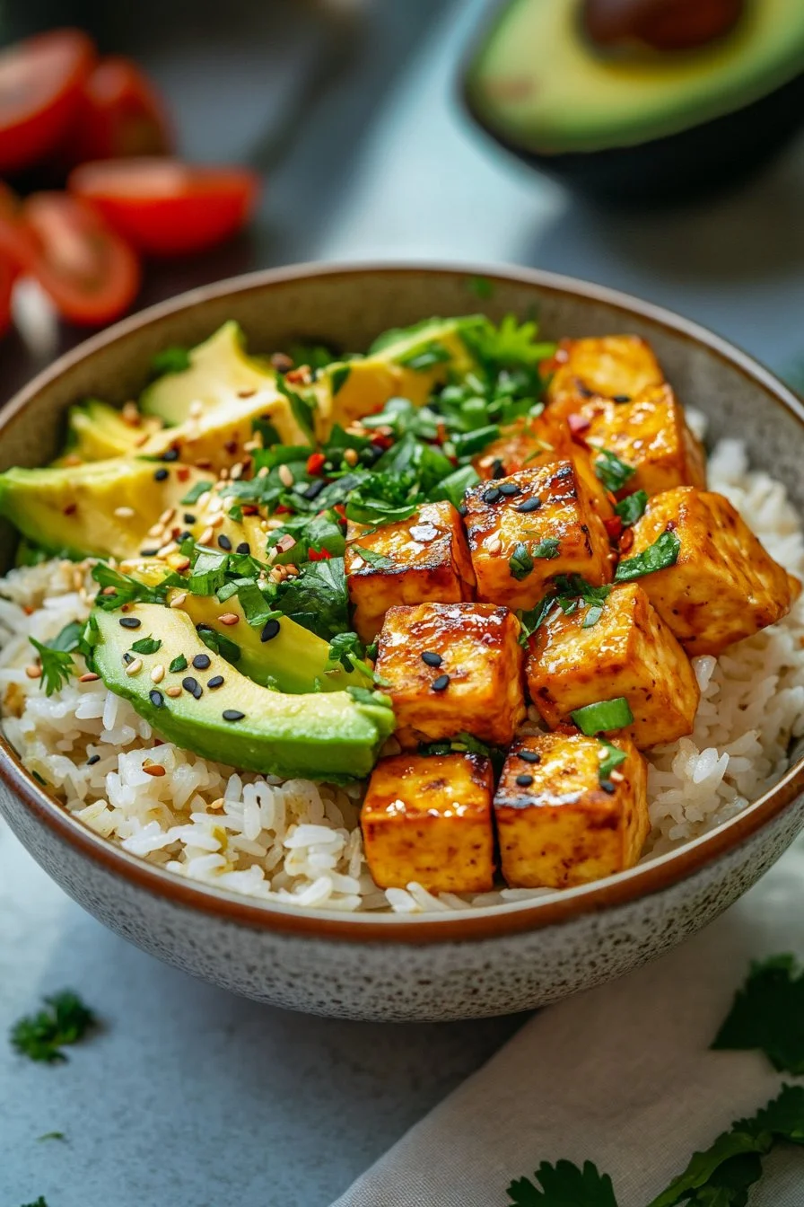 Savourez un bol crémeux de riz à l'avocat et au tofu tout en vous régalant sainement