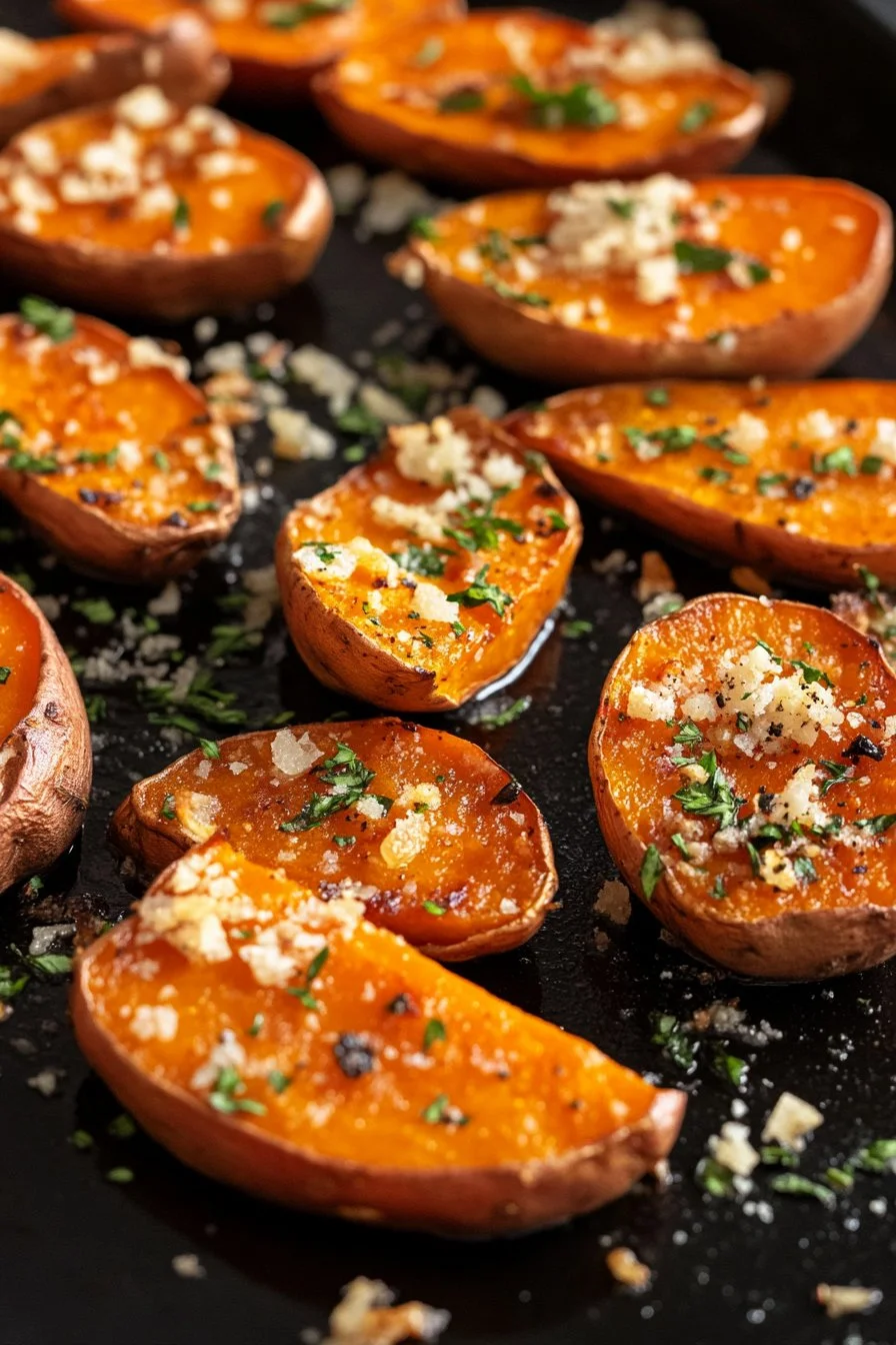 Roasted sweet potatoes with garlic and parmesan