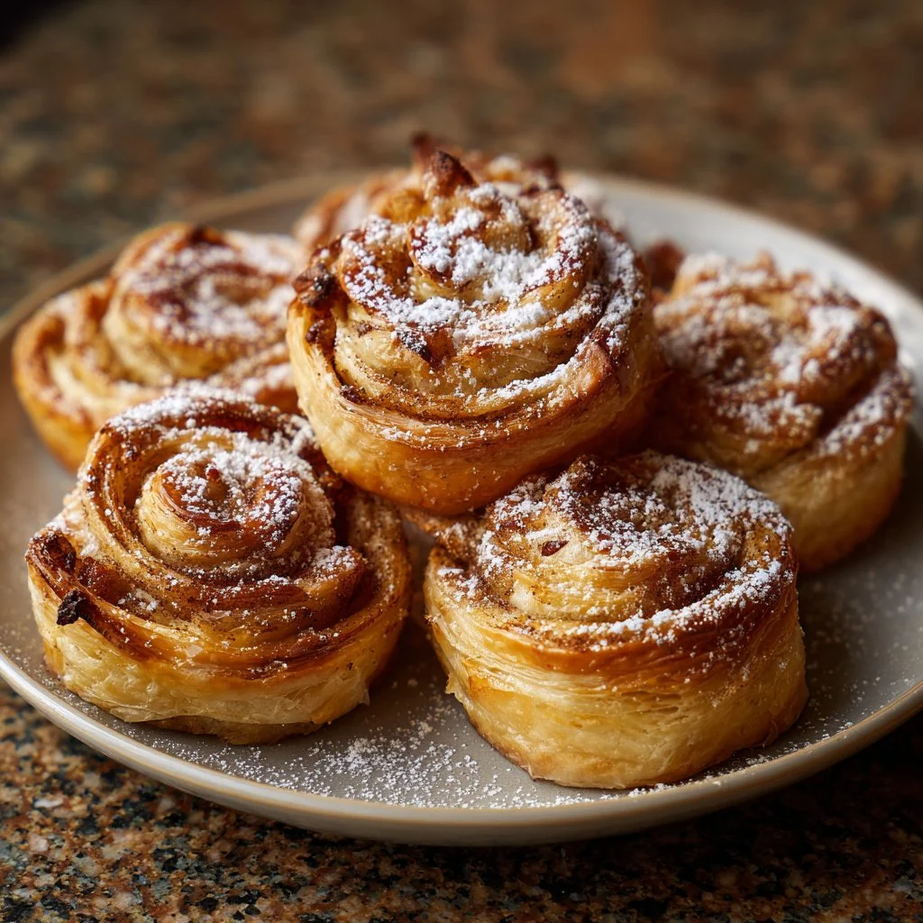 Roulés feuilletés aux pommes sur une assiette, dessert sucré et croustillant