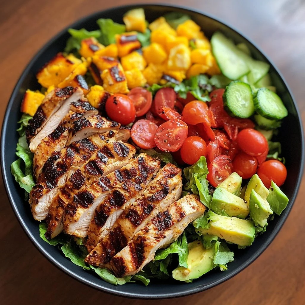 Salade Cobb au poulet grillé, légumes frais, avoine et vinaigrette paleo.