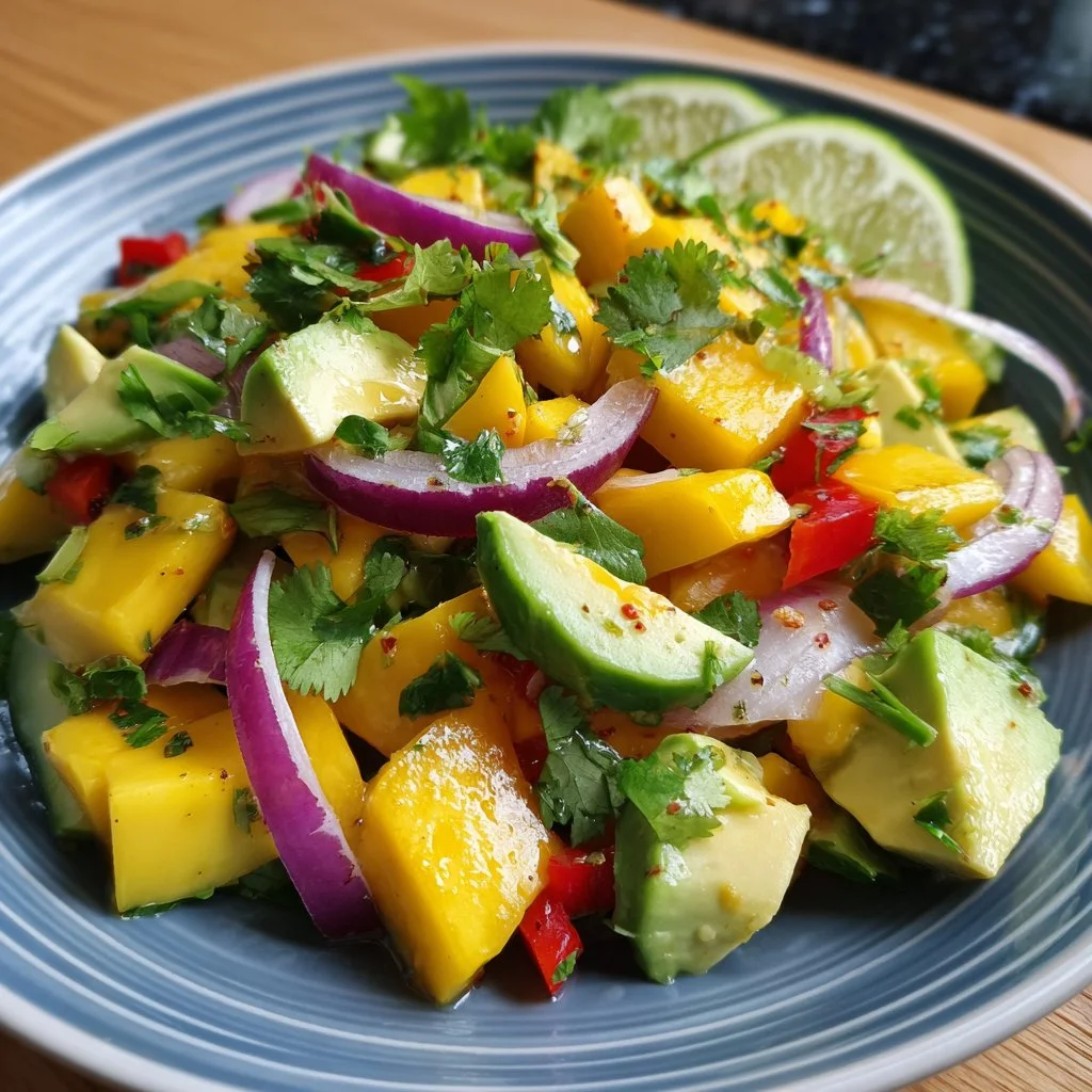 Salade d'avocat et mangue avec vinaigrette citron vert piquante
