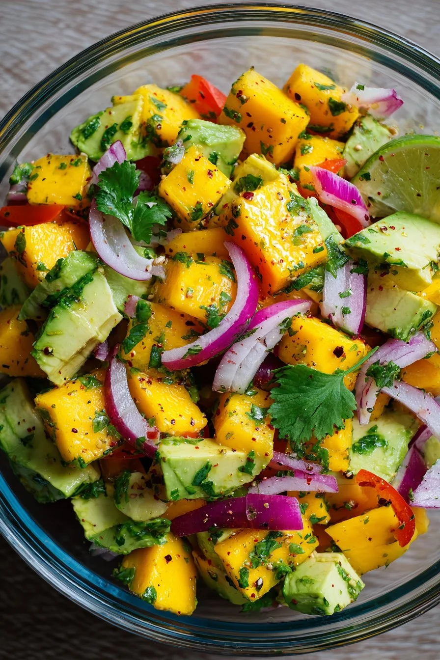 Salade d'avocat et de mangue avec vinaigrette citron vert piquante